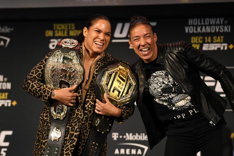 NEW YORK, NY - NOVEMBER 01: (L-R) Amanda Nunes and Germaine De Randamie interact on stage during the UFC 245 press conference at the Hulu Theatre at Madison Square Garden on November 1, 2019 in New York, New York. (Photo by Josh Hedges/Zuffa LLC via Getty Images)