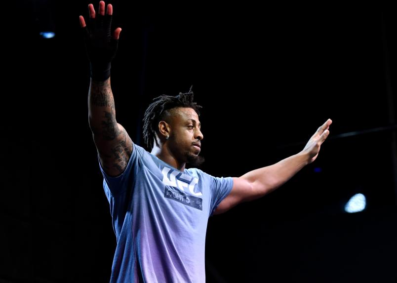 Greg Hardy holds an open training session for fans and media during UFC Fight Night open workouts at Arbat Hall on November 6, 2019 in Moscow, Russia. (Photo by Jeff Bottari/Zuffa LLC via Getty Images)
