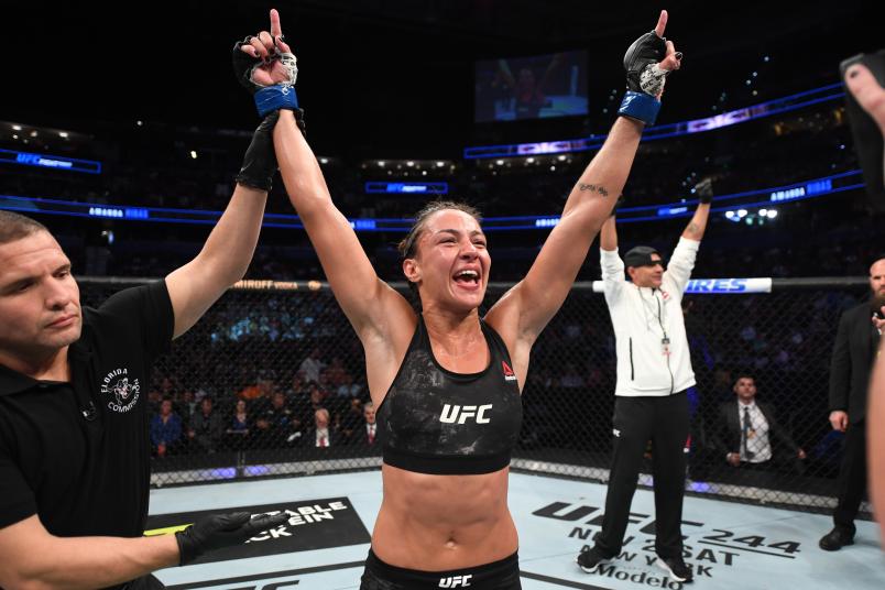 Amanda Ribas of Brazil celebrates her victory over Mackenzie Dern in their women's strawweight bout during the UFC Fight Night event at Amalie Arena on October 12, 2019 in Tampa, Florida. (Photo by Josh Hedges/Zuffa LLC via Getty Images)