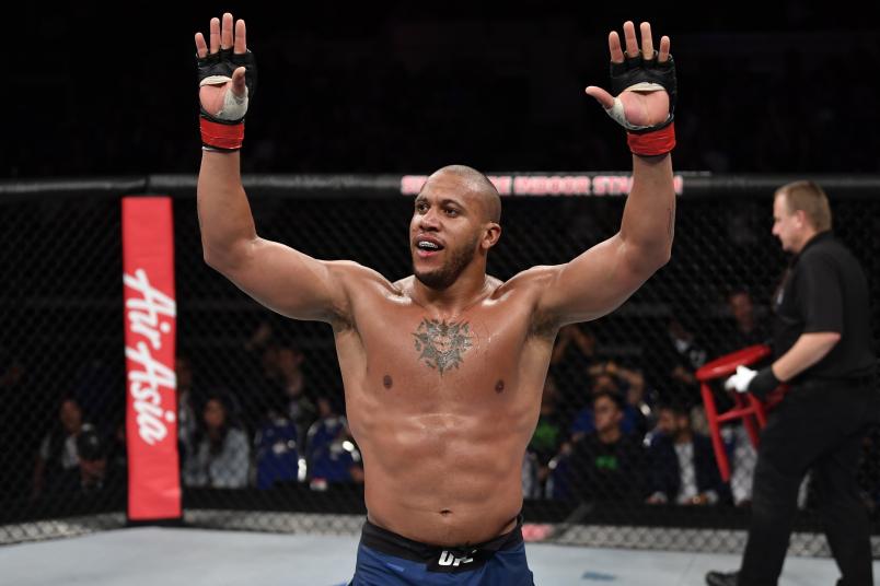 Ciryl Gane of France celebrates his submission victory over Don'Tale Mayes in their heavyweight bout during the UFC Fight Night event at Singapore Indoor Stadium on October 26, 2019 in Singapore. (Photo by Jeff Bottari/Zuffa LLC via Getty Images)