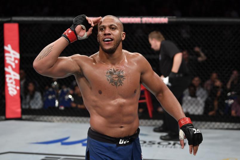 SINGAPORE, SINGAPORE - OCTOBER 26: Ciryl Gane of France celebrates his submission victory over Don'Tale Mayes in their heavyweight bout during the UFC Fight Night event at Singapore Indoor Stadium on October 26, 2019 in Singapore. (Photo by Jeff Bottari/Zuffa LLC via Getty Images)