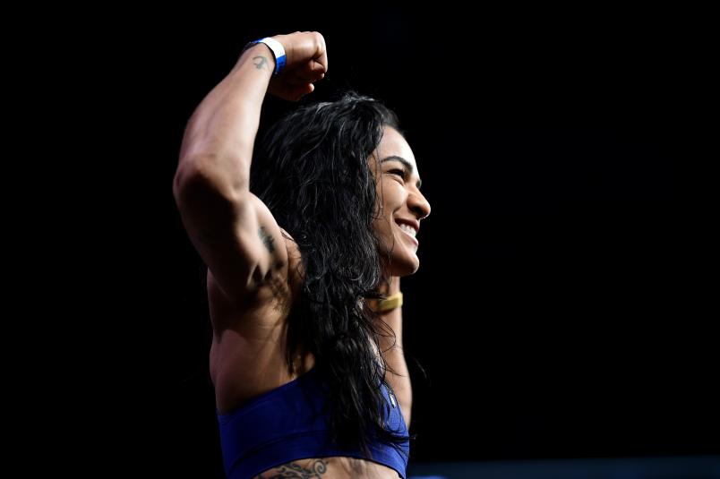 Viviane Araujo of Brazil poses on the scale during the UFC 245 Weigh-Ins at T-Mobile Arena on December 13, 2019 in Las Vegas, Nevada. (Photo by Chris Unger/Zuffa LLC via Getty Images)