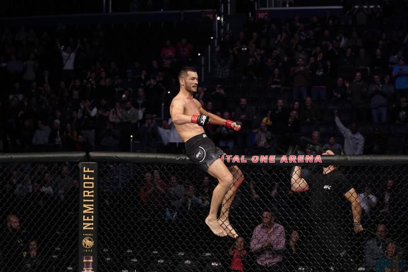 Makhmud Muradov of Uzbekistan celebrates his KO victory over Trevor Smith in their middleweight bout during the UFC Fight Night event at Capital One Arena on December 07, 2019 in Washington, DC. (Photo by Jeff Bottari/Zuffa LLC via Getty Images)