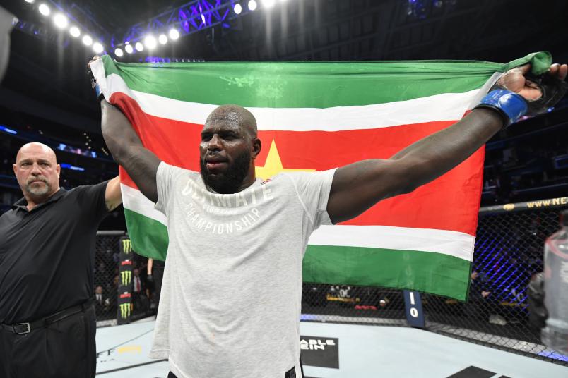 Jairzinho Rozenstruik of Suriname celebrates his KO victory over Alistair Overeem of Netherlands in their heavyweight bout during the UFC Fight Night event at Capital One Arena on December 07, 2019 in Washington, DC. (Photo by Jeff Bottari/Zuffa LLC via Getty Images)