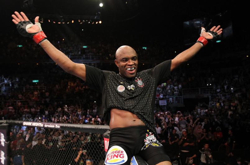 RIO DE JANEIRO, BRAZIL - AUGUST 27: Anderson Silva celebrates after knocking out Yushin Okami in the UFC Middleweight Championship bout at UFC 134 at HSBC Arena on August 27, 2011 in Rio de Janeiro, Brazil. (Photo by Al Bello/Zuffa LLC)
