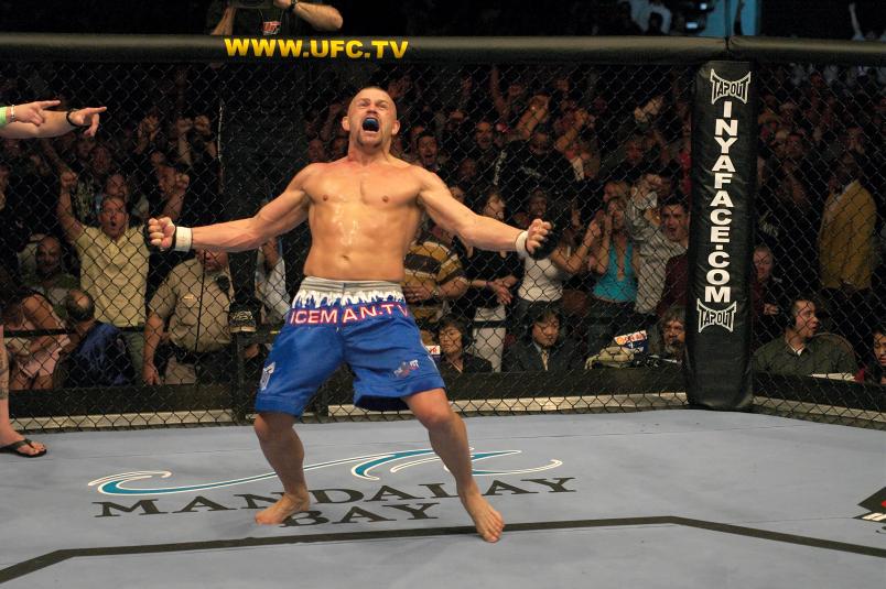 Chuck Liddell reacts after knocking out Tito Ortiz during their light heavyweight championship bout at UFC 47 inside the Mandalay Bay Events Center on April 2, 2004 in Las Vegas, Nevada. (Photo by Josh Hedges/Zuffa LLC via Getty Images)