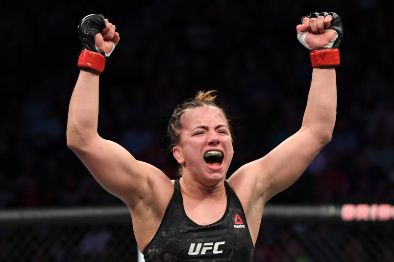Maycee Barber celebrates her TKO victory over JJ Aldrich in their women's flyweight bout during the UFC Fight Night event at Bridgestone Arena on March 23, 2019 in Nashville, Tennessee. (Photo by Jeff Bottari/Zuffa LLC via Getty Images)