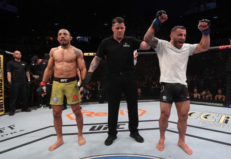 Alexander Volkanovski of Australia reacts after his victory over Jose Aldo of Brazil in their featherweight bout during the UFC 237 event at Jeunesse Arena on May 11, 2019 in Rio De Janeiro, Brazil. (Photo by Buda Mendes/Zuffa LLC via Getty Images)