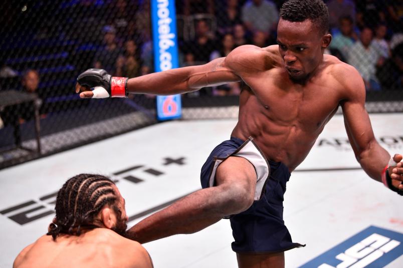 Ode Osbourne of Jamaica kicks Armando Villarreal in their bantamweight bout during Dana White's Contender Series at the UFC Apex on July 16, 2019 in Las Vegas, Nevada. (Photo by Chris Unger/DWCS LLC)