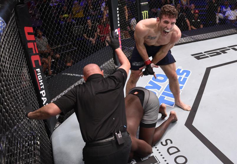 Aleksa Camur celebrates after knocking out Fabio Cherant in their light heavyweight fight during Dana White's Contender Series Week Six at the UFC Apex on July 30, 2019 in Las Vegas, Nevada. (Photo by Chris Unger/DWCS LLC/Zuffa LLC)