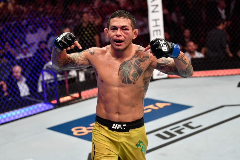 Diego Ferreira of Brazil reacts after the conclusion of his lightweight bout against Mairbek Taisumov of Russia during UFC 242 at The Arena on September 7, 2019 in Yas Island, Abu Dhabi, United Arab Emirates. (Photo by Jeff Bottari/Zuffa LLC via Getty Images)