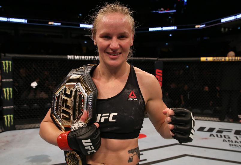 Valentina Shevchenko of Kyrgyzstan celebrates after her victory over Liz Carmouche in their UFC women's flyweight championship fight during the UFC Fight Night event at Antel Arena on August 10, 2019 in Montevideo, Uruguay. (Photo by Alexandre Schneider /Zuffa LLC)