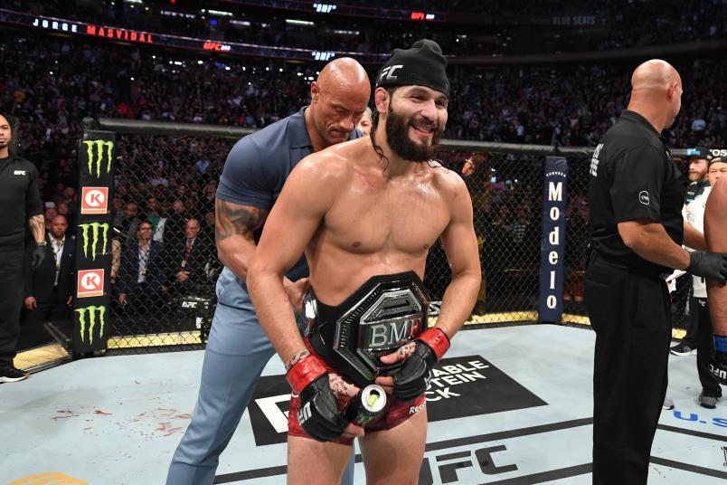 Jorge Masvidal celebrates his victory over Nate Diaz (doctor's stoppage) in their welterweight bout for the BMF title during the UFC 244 event at Madison Square Garden on November 02, 2019 in New York City. (Photo by Josh Hedges/Zuffa LLC via Getty Images)