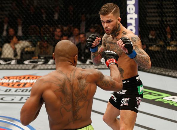 LAS VEGAS, NV - JANUARY 03: (R-L) Cody Garbrandt squares off with Marcus Brimage in their bantamweight bout during the UFC 182 event at the MGM Grand Garden Arena on January 3, 2015 in Las Vegas, Nevada. (Photo by Josh Hedges/Zuffa LLC/Zuffa LLC via Ge