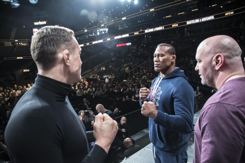 Jacare Souza of Brazil and Jack Hermansson of Norway face off during the UFC Seasonal Press Conference
