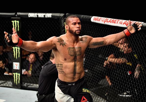 LAS VEGAS, NV - JULY 08: Thiago Santos of Brazil celebrates his TKO victory over Gerald Meerschaert in their middleweight bout during the UFC 213 event at T-Mobile Arena on July 8, 2017 in Las Vegas, Nevada. (Photo by Jeff Bottari/Zuffa LLC/Zuffa LLC vi