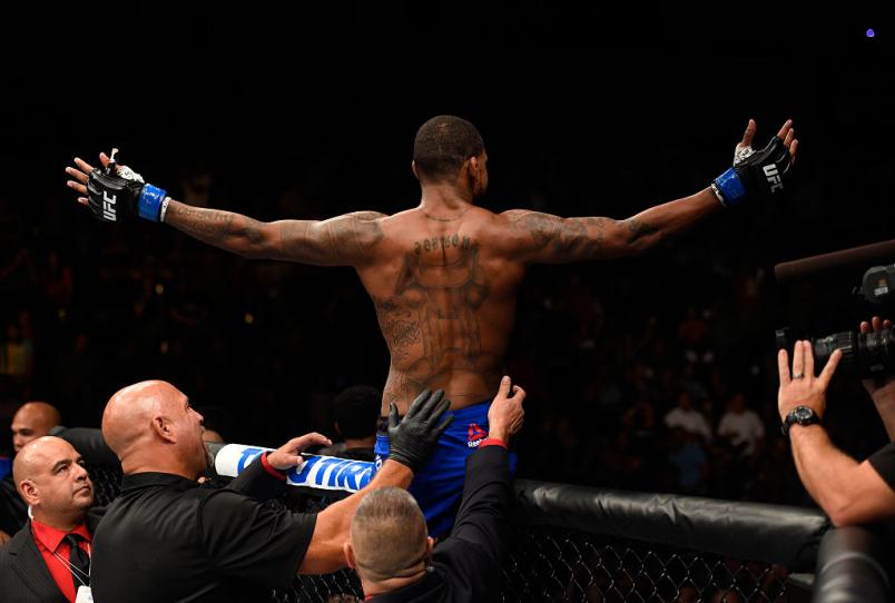 HIDALGO, TX - SEPTEMBER 17: Michael Johnson celebrates his knockout victory over Dustin Poirier in their lightweight bout during the UFC Fight Night event at State Farm Arena on September 17, 2016 in Hidalgo, Texas. (Photo by Josh Hedges/Zuffa LLC/Zuffa