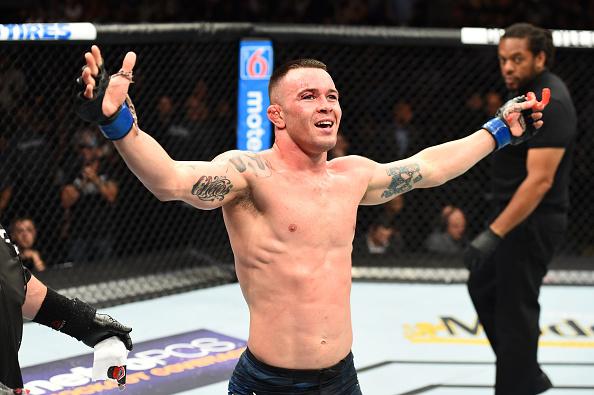 CHICAGO, ILLINOIS - JUNE 09: Colby Covington celebrates after finishing five rounds against Rafael Dos Anjos of Brazil in their interim welterweight title fight during the UFC 225 event at the United Center on June 9, 2018 in Chicago, Illinois. (Photo by
