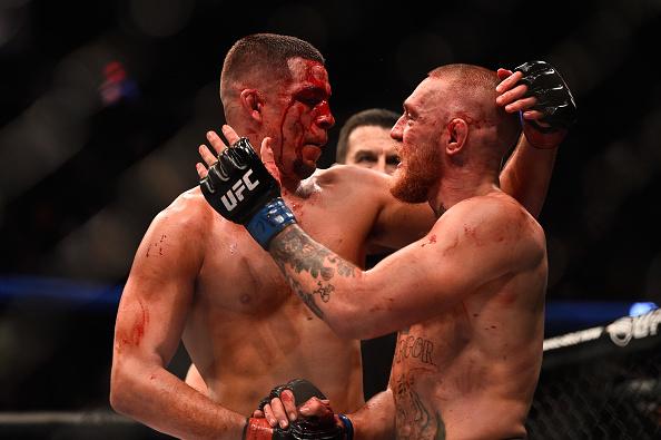 LAS VEGAS, NV - AUGUST 20: Nate Diaz shakes hands wih Conor McGregor of Ireland at the completion of their welterweight bout during the UFC 202 event at T-Mobile Arena on August 20, 2016 in Las Vegas, Nevada. (Photo by Jeff Bottari/Zuffa LLC/Zuffa LLC v