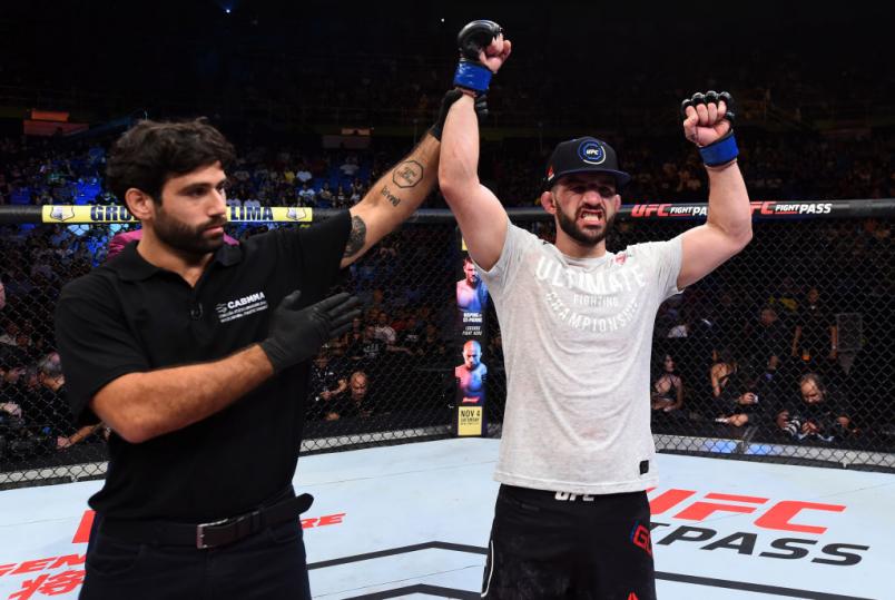 SAO PAULO, BRAZIL - OCTOBER 28: Jared Gordon celebrates after defeating Hacran Dias of Brazil in their lightweight bout during the UFC Fight Night event inside the Ibirapuera Gymnasium on October 28, 2017 in Sao Paulo, Brazil. (Photo by Josh Hedges/Zuffa