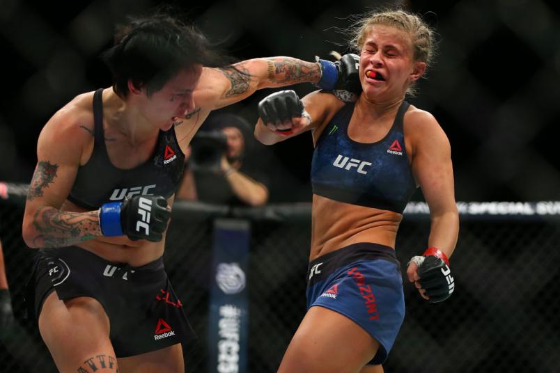 ST. LOUIS, MO - JANUARY 14: Jessica-Rose Clark lands a punch against Paige VanZant during the UFC Fight Night event inside the Scottrade Center on January 14, 2018 in St. Louis, Missouri. (Photo by Dilip Vishwanat/Zuffa LLC/Zuffa LLC via Getty Images)