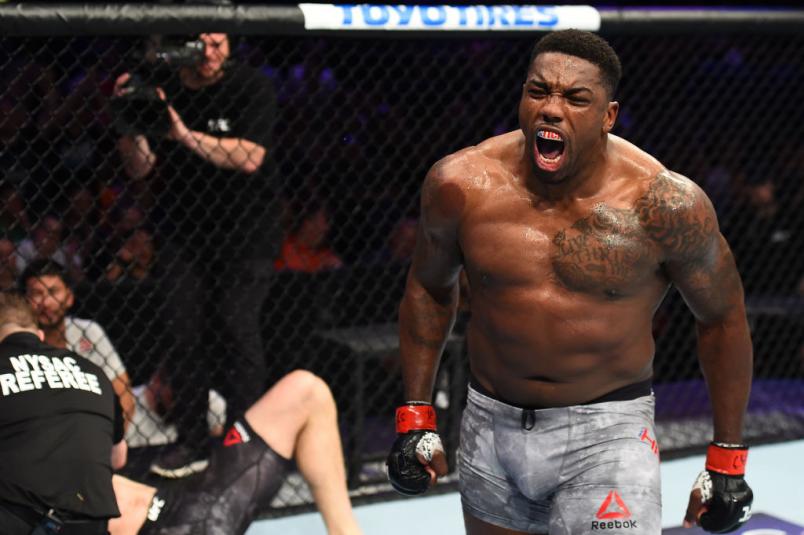 UTICA, NY - JUNE 01: (R-L) Walt Harris celebrates after defeating Daniel Spitz in their heavyweight fight during the UFC Fight Night event at the Adirondack Bank Center on June 1, 2018 in Utica, New York. (Photo by Josh Hedges/Zuffa LLC/Zuffa LLC via Get