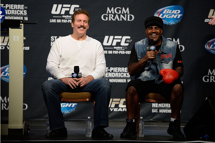 LAS VEGAS, NEVADA - NOVEMBER 15: UFC legends Dan Severn (L) and Art Jimmerson interact with fans during a Q&A session before the UFC 167 weigh-in event at the MGM Grand Garden Arena on November 15, 2013 in Las Vegas, Nevada. (Photo by Jeff Bottari/Zuffa