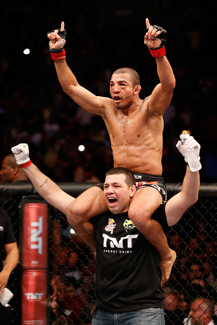 RIO DE JANEIRO, BRAZIL - OCTOBER 25: Jose Aldo of Brazil celebrates after his unanimous-decision victory over Chad Mendes in their featherweight championship bout during the UFC 179 event at Maracanazinho on October 25, 2014 in Rio de Janeiro, Brazil. (