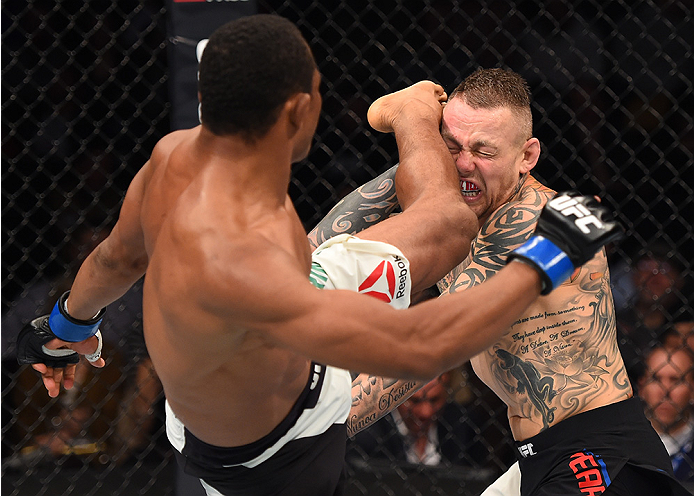 BOSTON, MA - JANUARY 17: (L-R) Francisco Trinaldo of Brazil kicks Ross Pearson of England in their lightweight bout during the UFC Fight Night event inside TD Garden on January 17, 2016 in Boston, Massachusetts. (Photo by Jeff Bottari/Zuffa LLC/Zuffa LLC