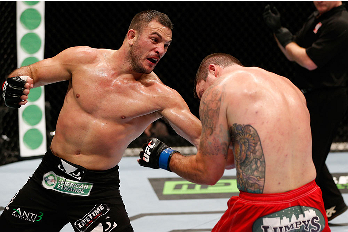 AUCKLAND, NEW ZEALAND - JUNE 28: (L-R) Gian Villante punches Sean O'Connell in their light heavyweight fight during the UFC Fight Night event at Vector Arena on June 28, 2014 in Auckland, New Zealand. (Photo by Josh Hedges/Zuffa LLC/Zuffa LLC via Getty