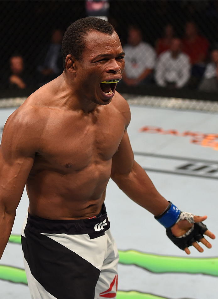 SASKATOON, SK - AUGUST 23: Francisco Trinaldo of Brazil celebrates after his TKO victory over Chad Laprise in their lightweight bout during the UFC event at the SaskTel Centre on August 23, 2015 in Saskatoon, Saskatchewan, Canada. (Photo by Jeff Bottari/