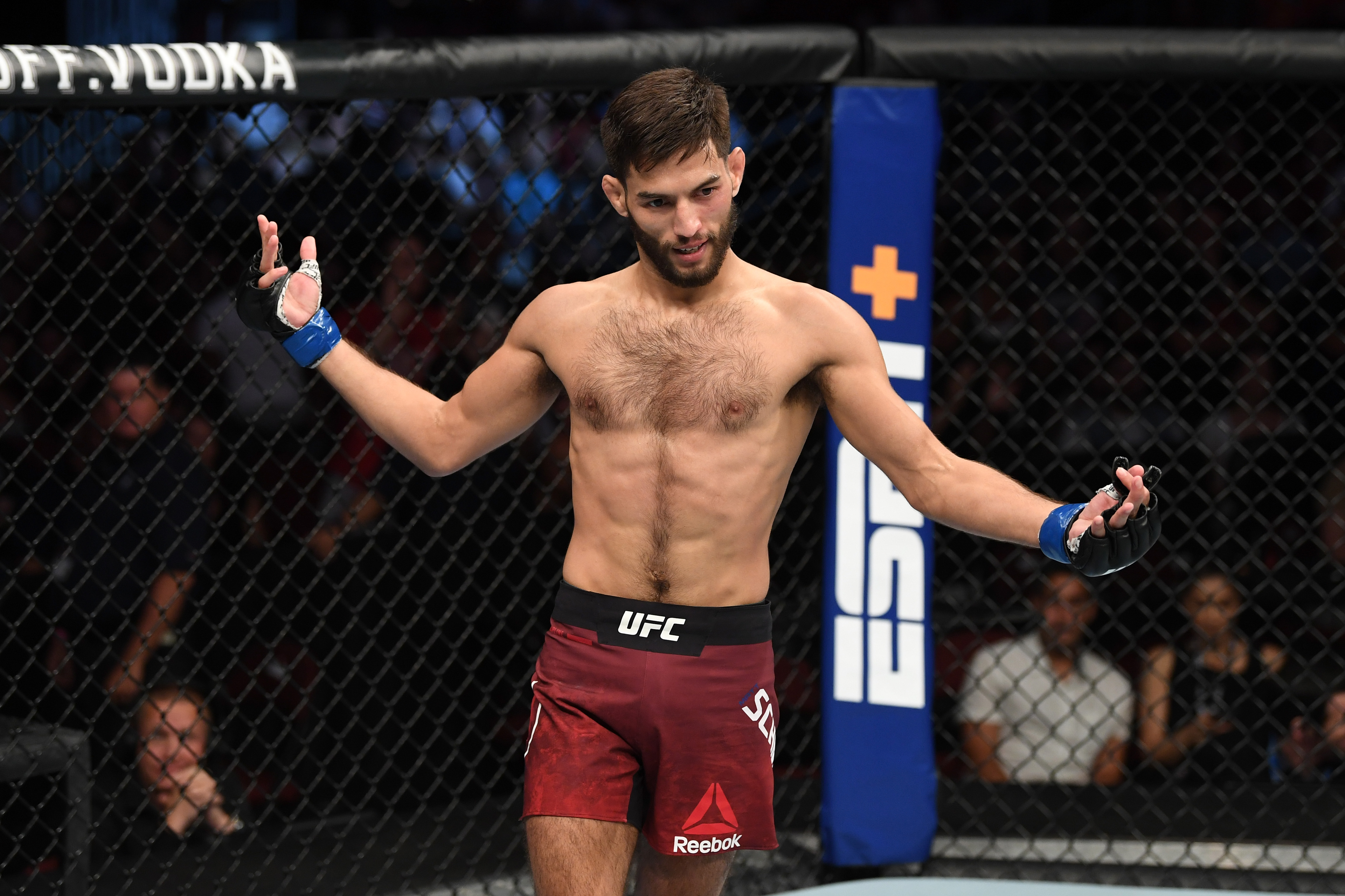 Matt Schnell celebrates his submission victory over in their flyweight bout during the UFC Fight Night event at the Prudential Center on August 3, 2019 in Newark, New Jersey. (Photo by Josh Hedges/Zuffa LLC)