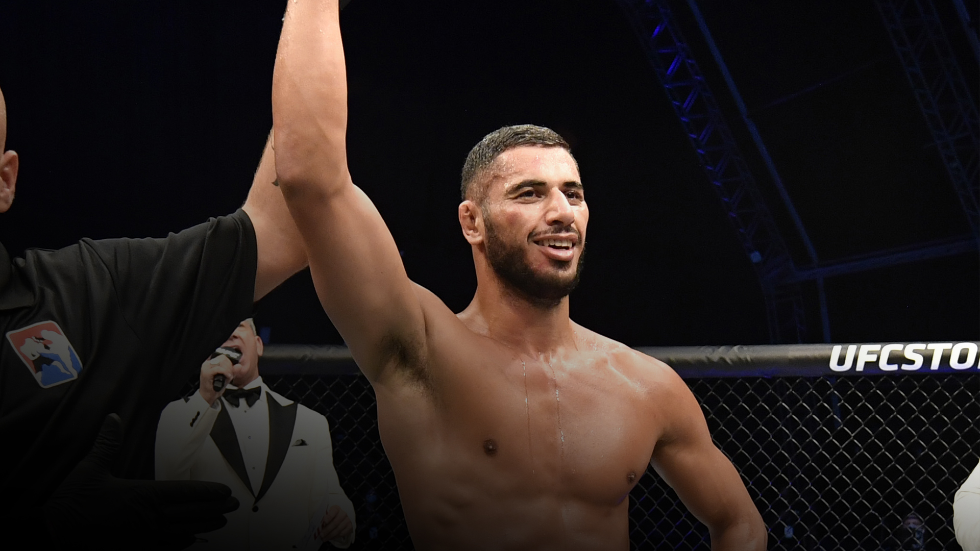 Mounir Lazzez celebrates after his unanimous-decision victory over Abdul Razak Alhassan in their welterweight fight during the UFC Fight Night event inside Flash Forum on UFC Fight Island on July 16, 2020 in Yas Island, Abu Dhabi, United Arab Emirates. (Photo by Jeff Bottari/Zuffa LLC)