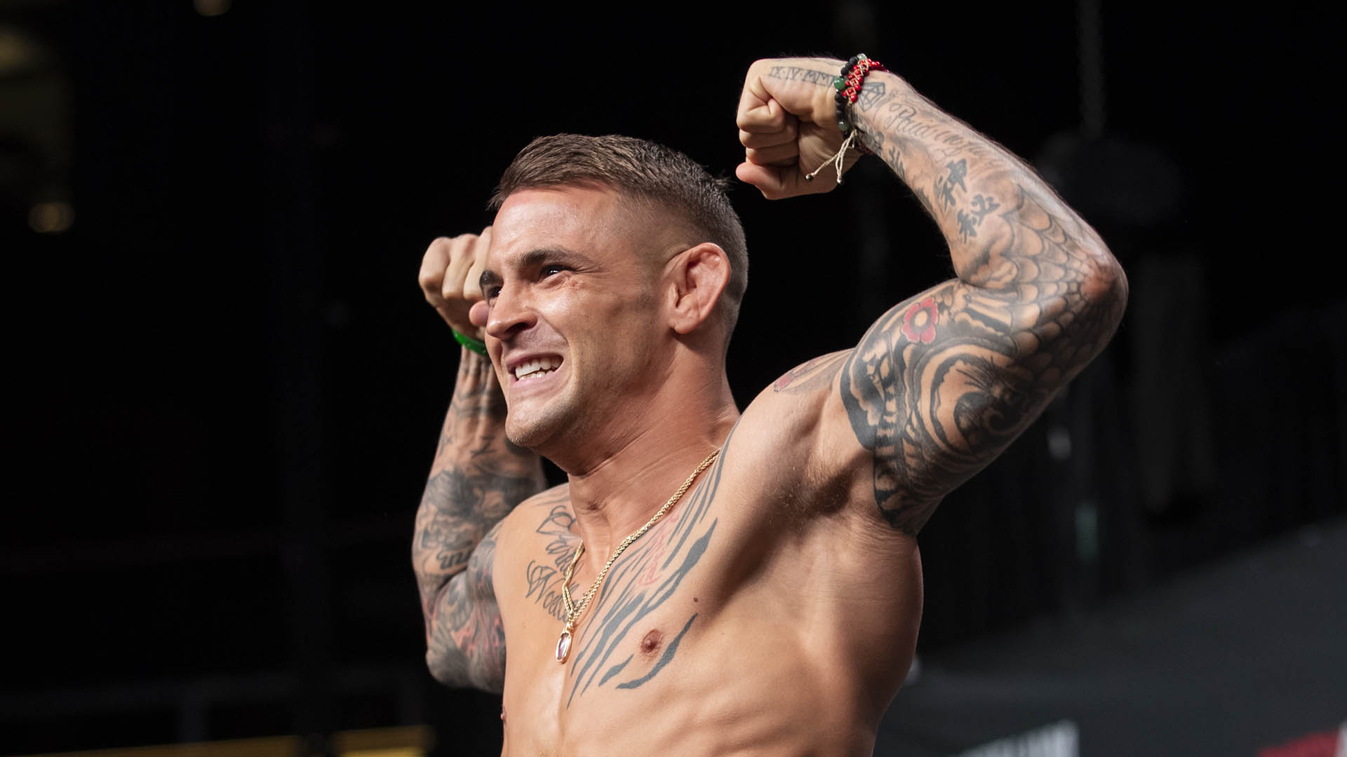 Dustin Poirier poses on the scale during the UFC 236 weigh-in at State Farm Arena on April 12, 2019 in Atlanta, Georgia. (Photo by Carmen Mandato/Zuffa LLC)