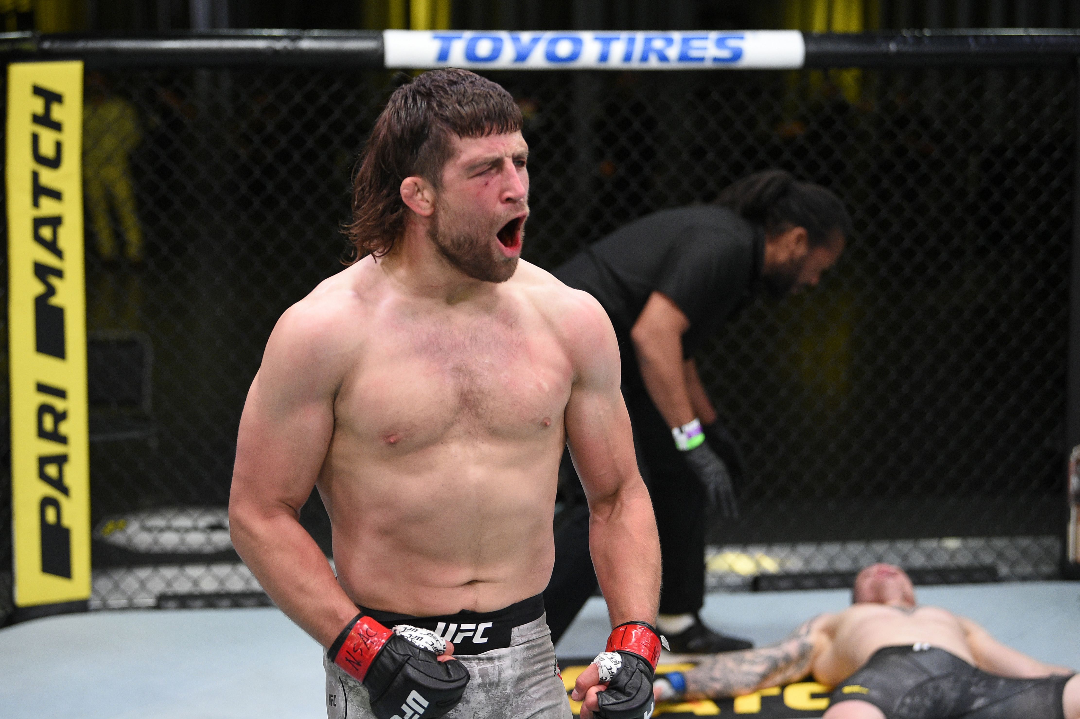 Andrew Sanchez celebrates after his knockout victory over Wellington Turman in their middleweight fight during the UFC Fight Night event at UFC APEX on August 08, 2020 in Las Vegas, Nevada. (Photo by Chris Unger/Zuffa LLC)