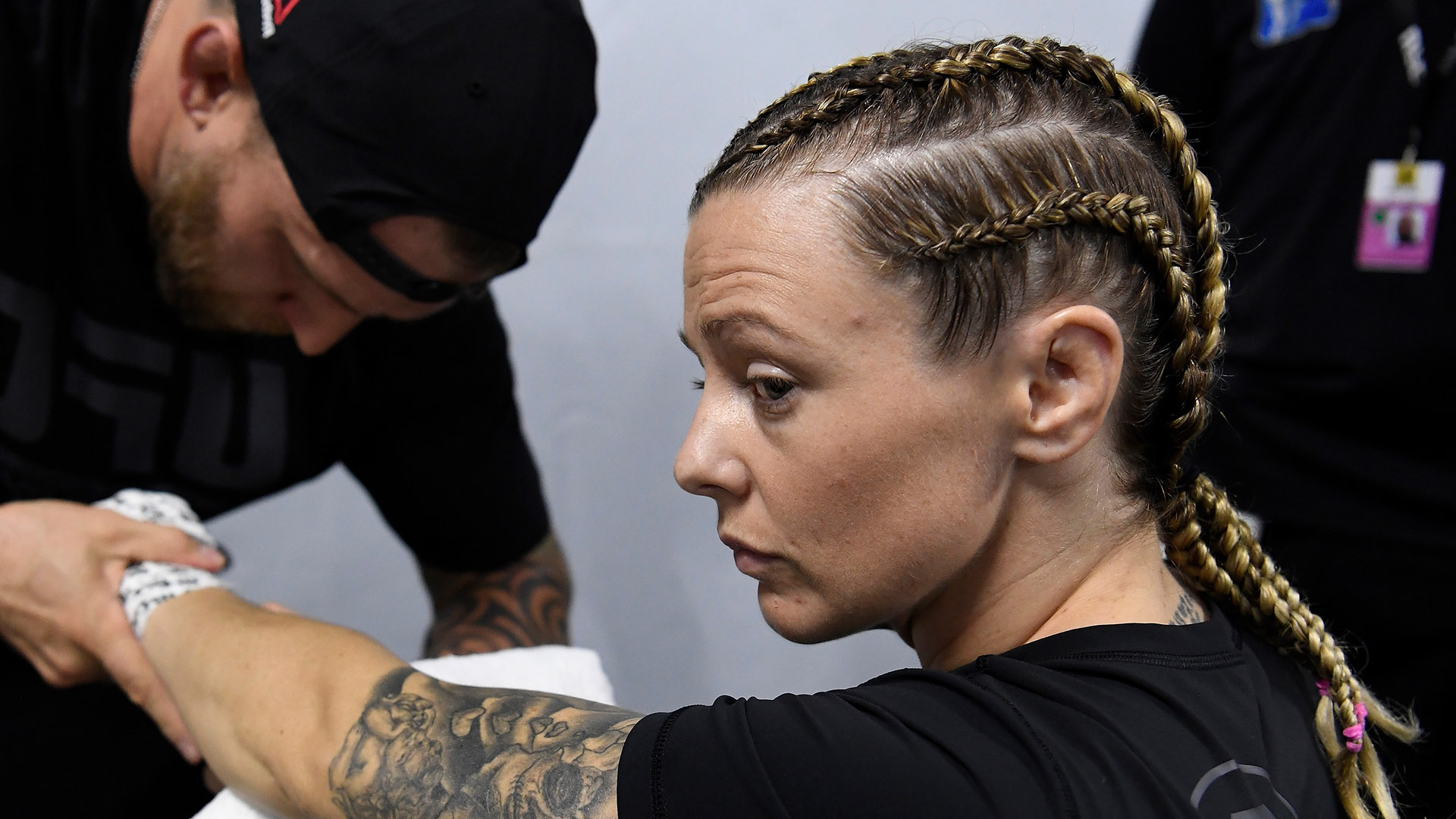 Joanne Calderwood of United Kingdom has her hands wrapped backstage during UFC 242 at The Arena on September 7, 2019 in Yas Island, Abu Dhabi, United Arab Emirates. (Photo by Mike Roach/Zuffa LLC)