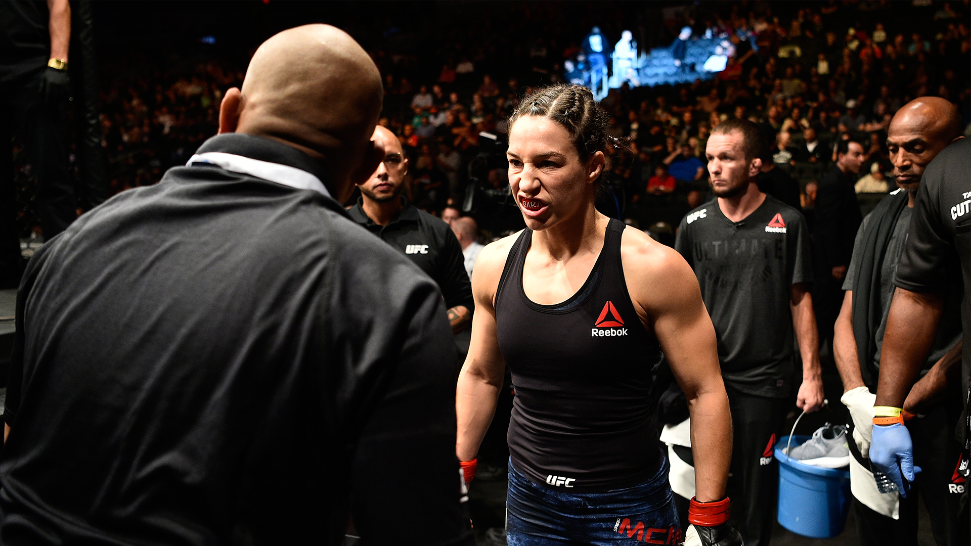 Sara McMann prepares to enter the Octagon before facing Ketlen Vieira of Brazil in their women's bantamweight bout during the UFC 215 event inside the Rogers Place on September 9, 2017 in Edmonton, Alberta, Canada. (Photo by Jeff Bottari/Zuffa LLC)