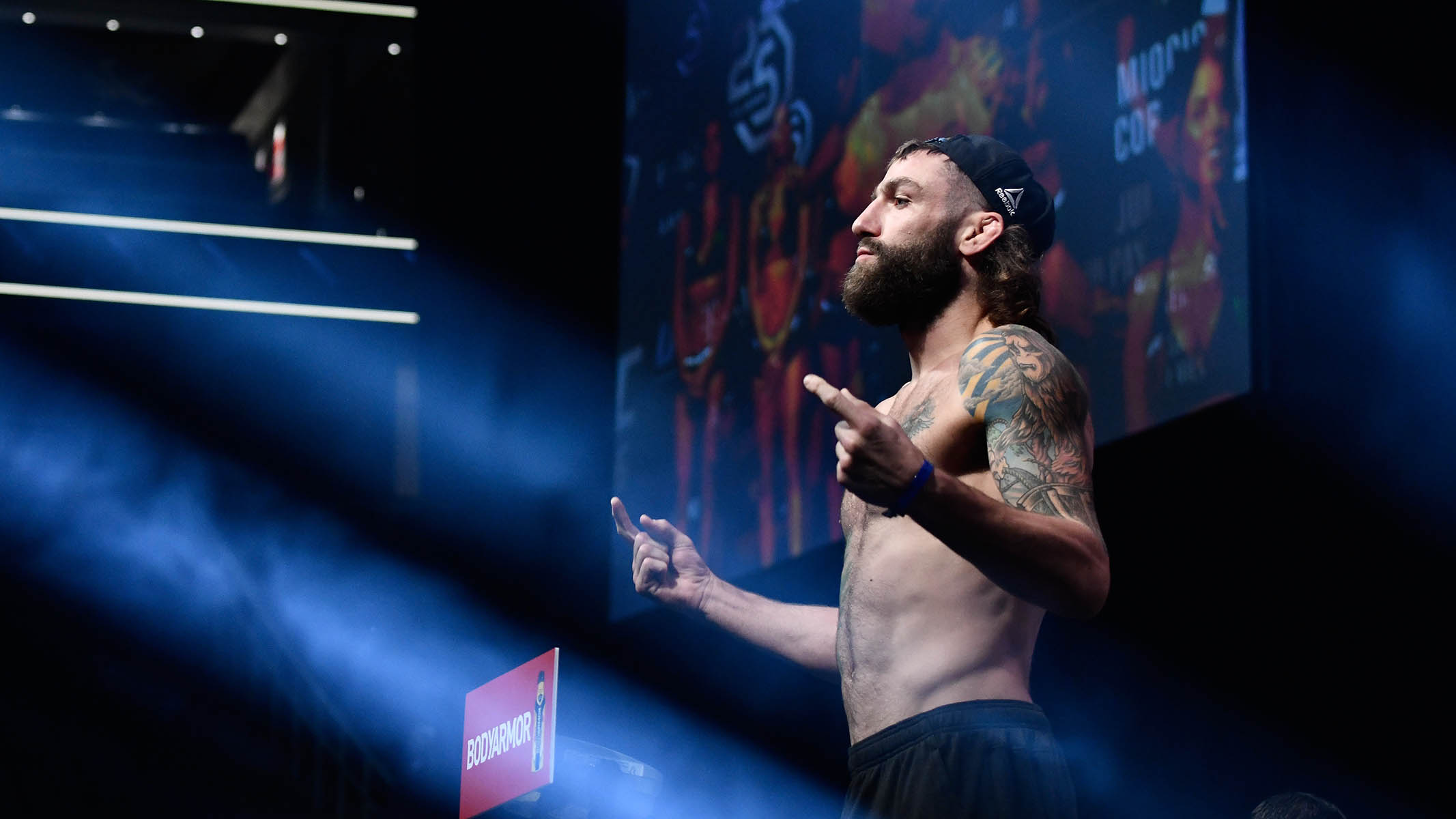 Michael Chiesa poses on the scale during the UFC 226 weigh-in inside T-Mobile Arena on July 6, 2018 in Las Vegas, Nevada. (Photo by Brandon Magnus/Zuffa LLC)