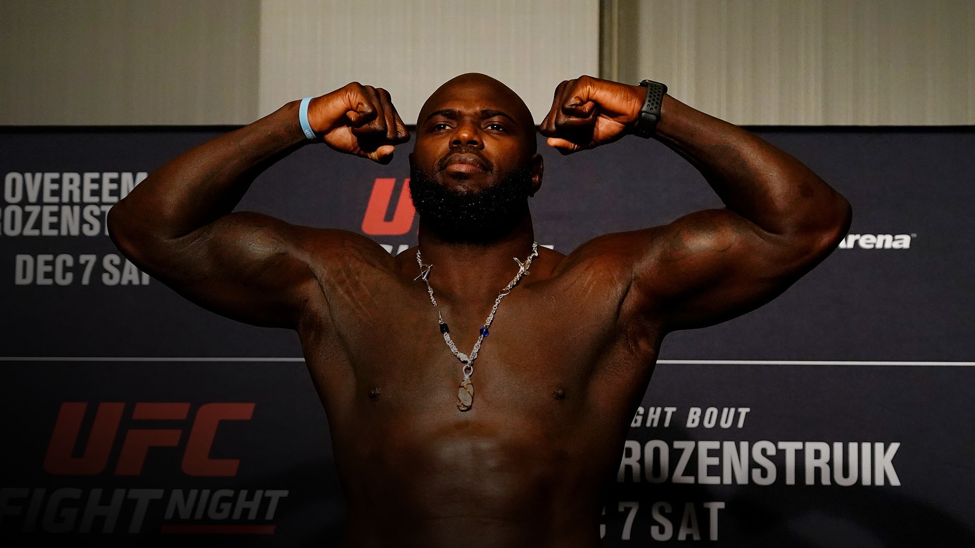 Jairzinho Rozenstruik of Suriname poses on the scale during the UFC Fight Night weigh-in on December 6, 2019 in Washington, DC. (Photo by Jeff Bottari/Zuffa LLC via Getty Images)