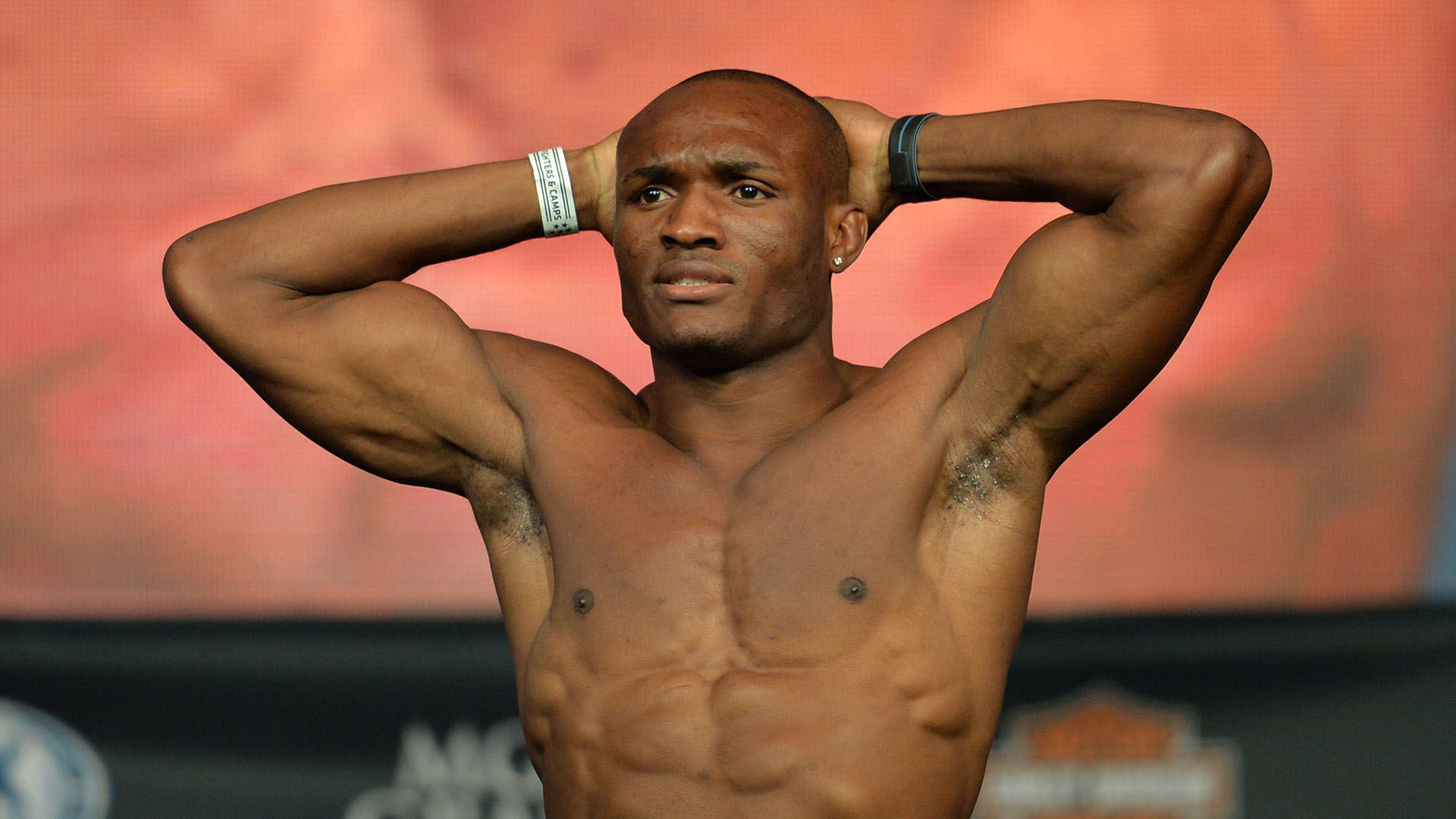 Kamaru Usman steps onto the scale during the TUF 21 Finale Weigh-in at the UFC Fan Expo in the Sands Expo and Convention Center on July 11, 2015 in Las Vegas Nevada. (Photo by Brandon Magnus/Zuffa LLC)