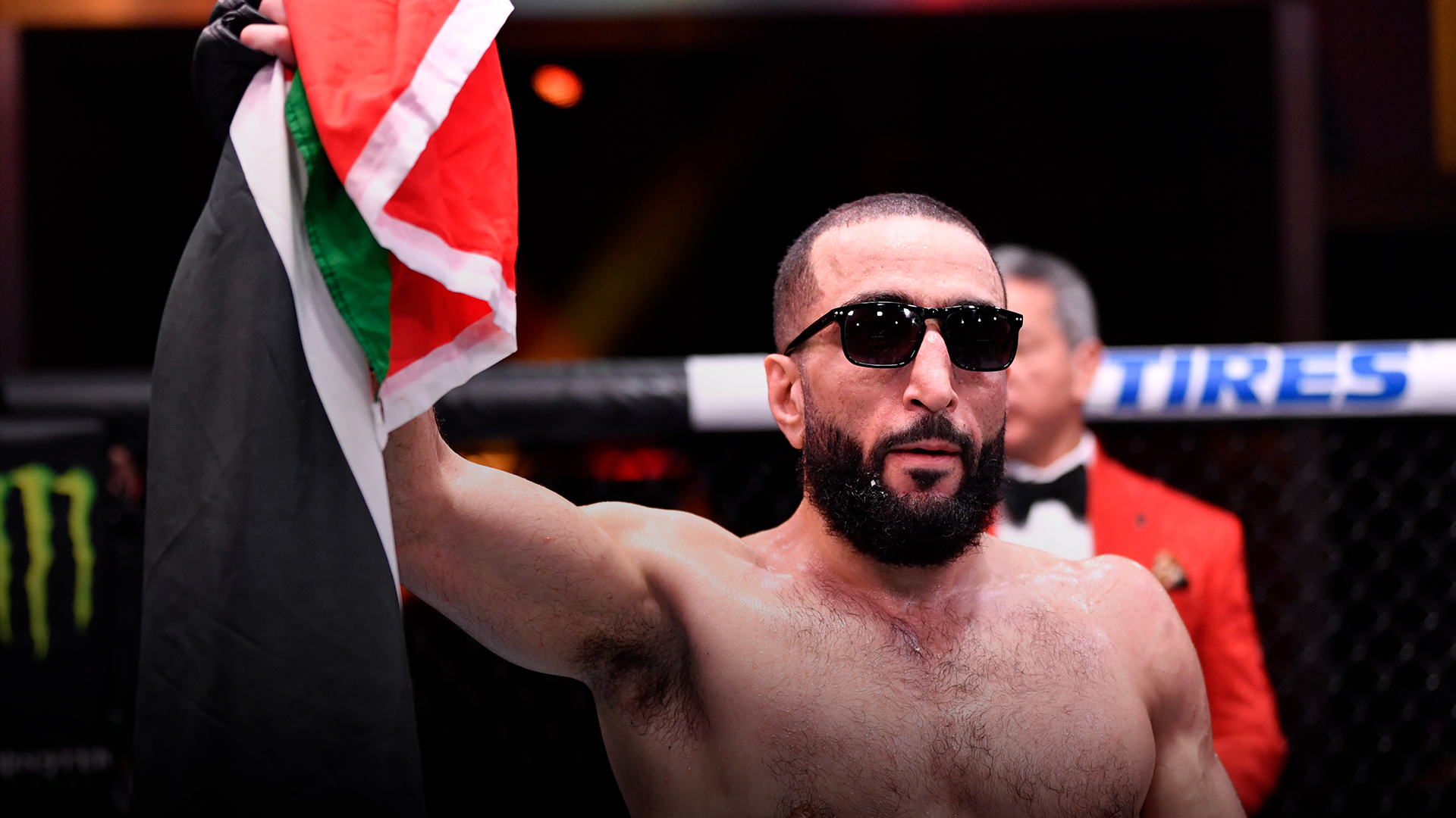 Belal Muhammad reacts after his victory over Dhiego Lima of Brazil in their welterweight fight during the UFC 258 event at UFC APEX on February 13, 2021 in Las Vegas, Nevada. (Photo by Jeff Bottari/Zuffa LLC)
