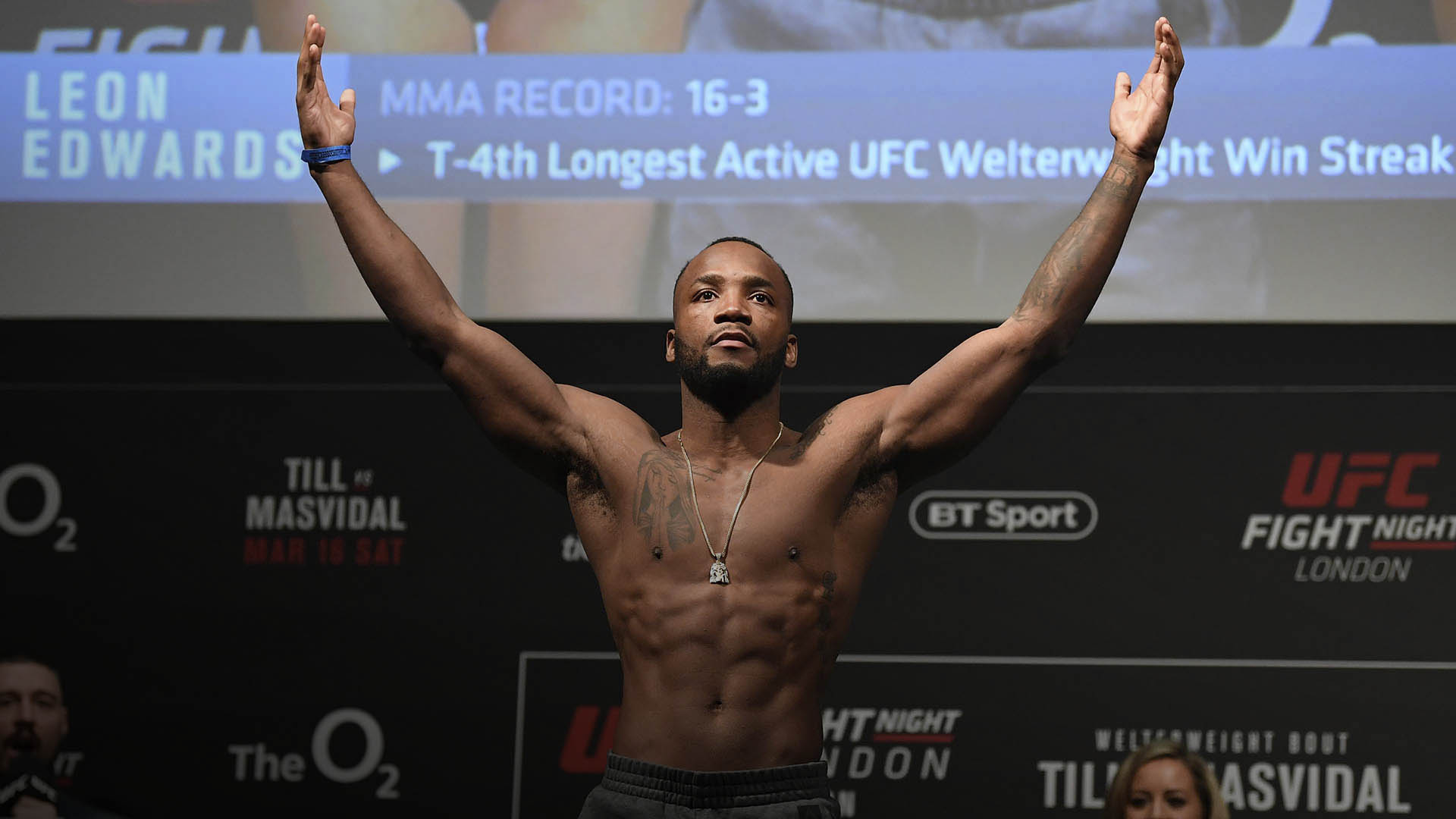  Leon Edwards of United Kingdom poses on the scale during the UFC Fight Night weigh-in at The O2 on March 15, 2019 in London, England. (Photo by Jeff Bottari/Zuffa LLC)