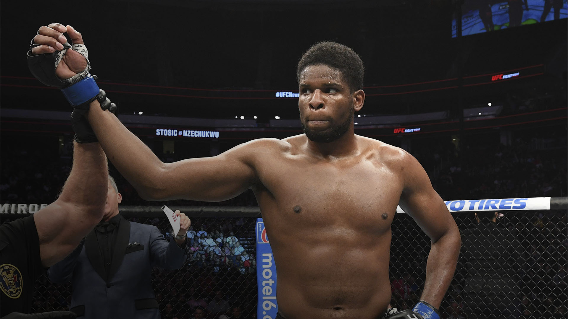 Kennedy Nzechukwu celebrates his victory over Darko Stosic of Serbia in their light heavyweight bout during the UFC Fight Night event at the Prudential Center on August 3, 2019 in Newark, New Jersey. (Photo by Josh Hedges/Zuffa LLC)