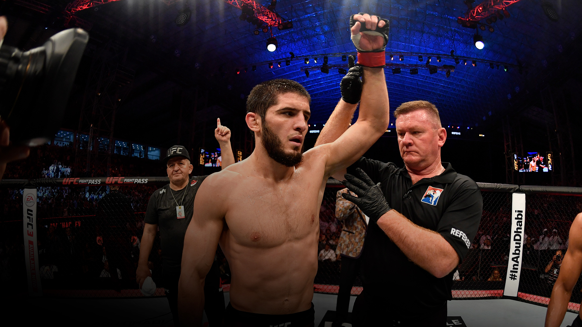  Islam Makhachev of Russia celebrates his victory over Davi Ramos of Brazil in their lightweight bout during UFC 242 at The Arena on September 7, 2019 in Yas Island, Abu Dhabi, United Arab Emirates. (Photo by Jeff Bottari/Zuffa LLC)