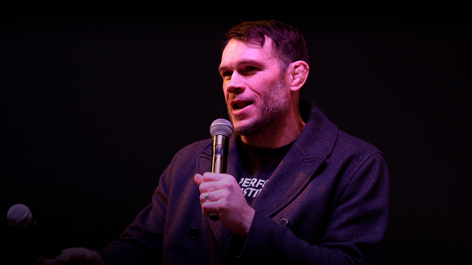 UFC Hall of Famer Forrest Griffin speaks to the media during the Ultimate Sports Weekend Pep Rally at Toshiba Plaza on February 28, 2018 in Las Vegas, Nevada. (Photo by Brandon Magnus/Zuffa LLC)