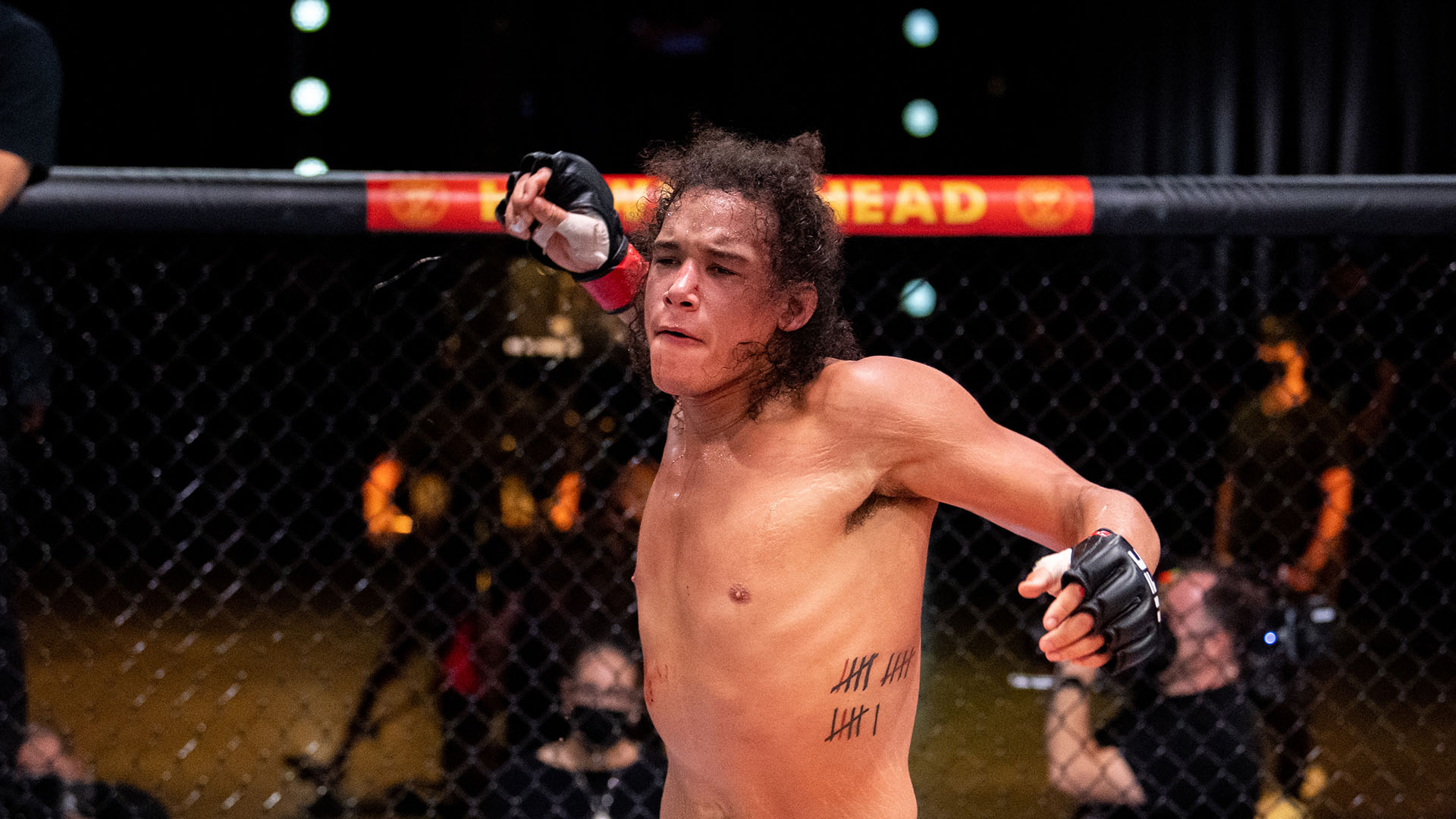 Bryan Battle reacts after his submission victory over Andre Petroski in their middleweight bout during the filming of The Return of The Ultimate Fighter at UFC APEX on May 20, 2021 in Las Vegas, Nevada. (Photo by Chris Unger/Zuffa LLC)