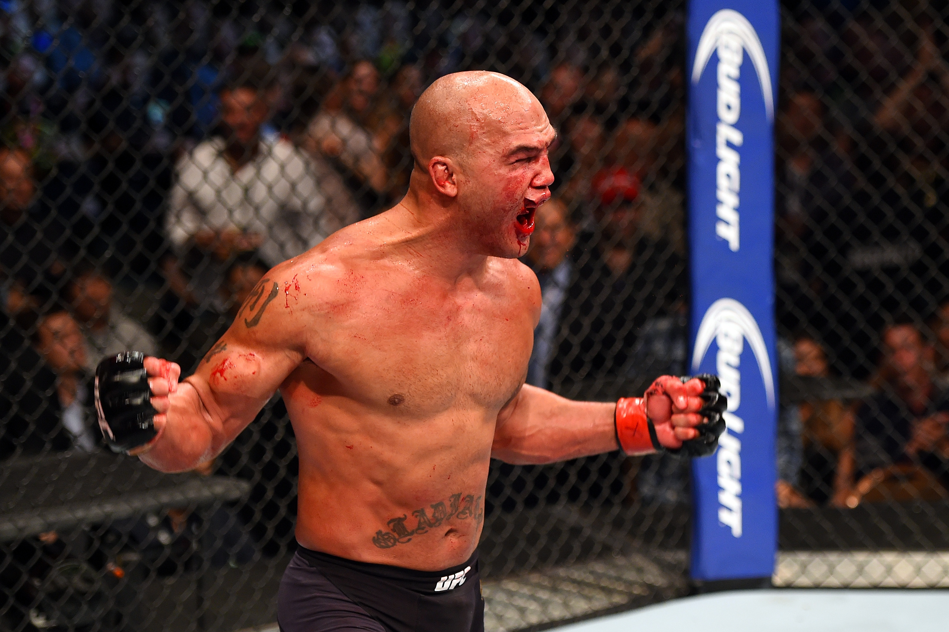 Robbie Lawler reacts to his victory over Rory MacDonald in their UFC welterweight title fight during the UFC 189 event inside MGM Grand Garden Arena on July 11, 2015 in Las Vegas, Nevada. (Photo by Josh Hedges/Zuffa LLC)