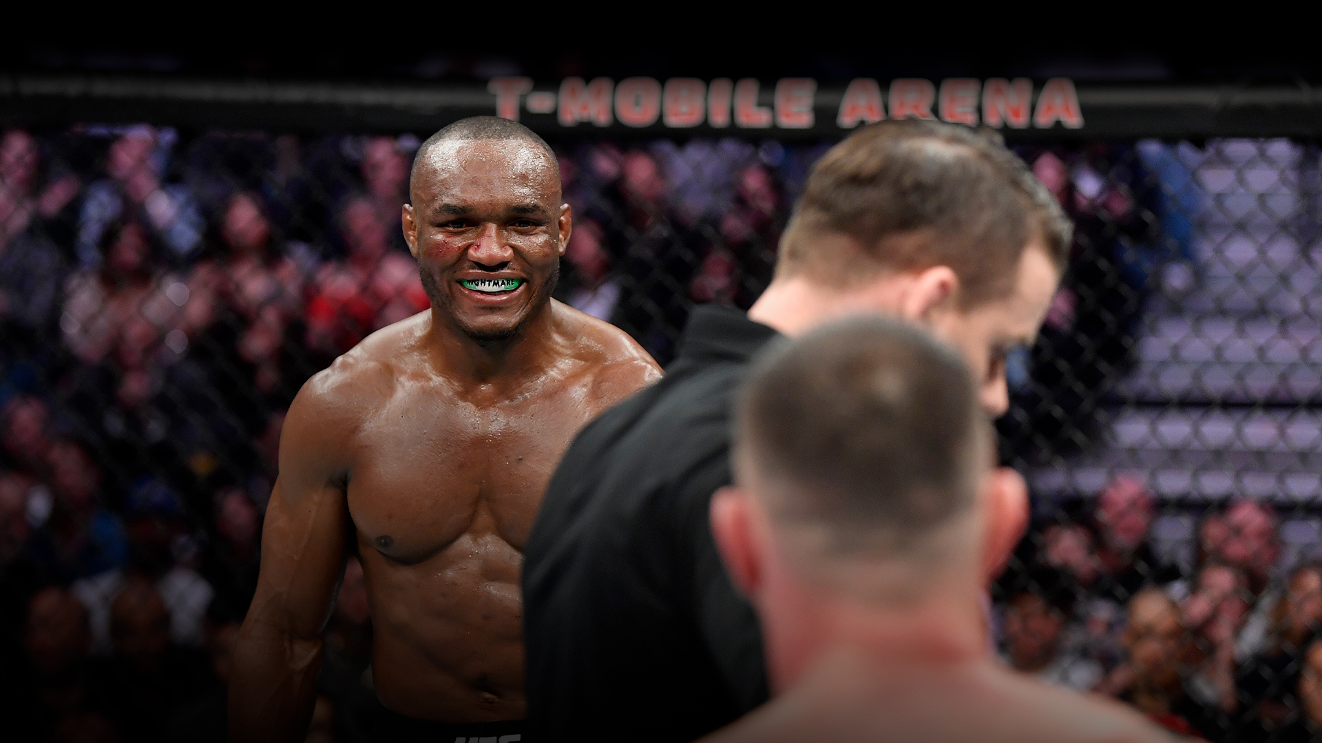  Kamaru Usman of Nigeria stares down Colby Covington in their UFC welterweight championship bout during the UFC 245 event at T-Mobile Arena on December 14, 2019 in Las Vegas, Nevada. (Photo by Jeff Bottari/Zuffa LLC)