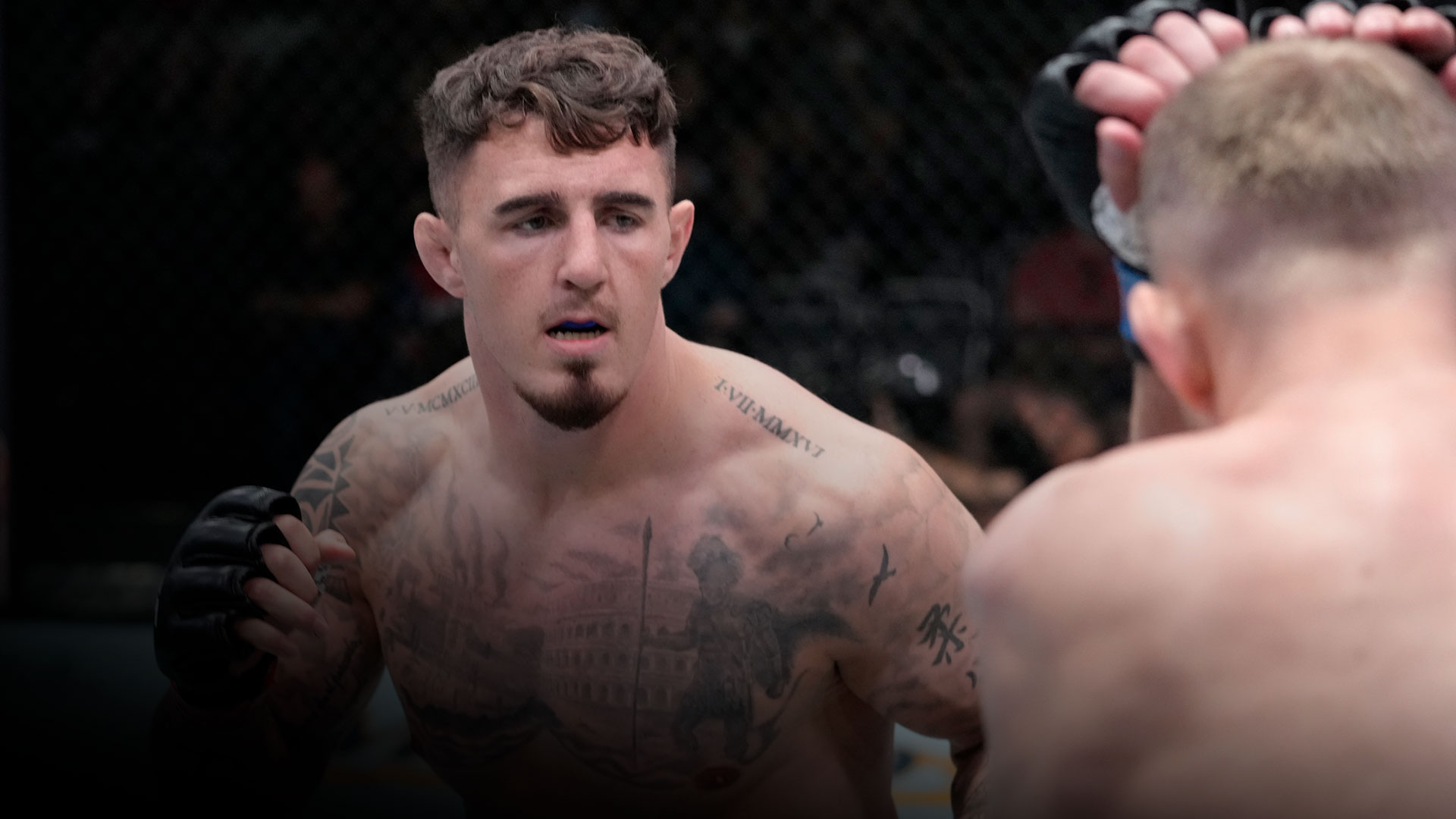 Tom Aspinall of England battles Serghei Spivak of the Ukraine in their welterweight fight during the UFC Fight Night event at UFC APEX on September 04, 2021 in Las Vegas, Nevada. (Photo by Jeff Bottari/Zuffa LLC)