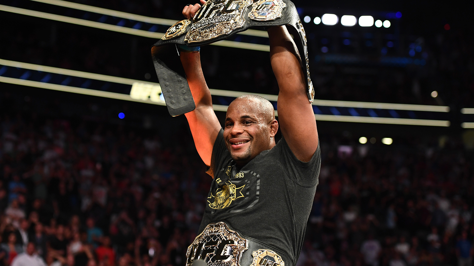 Daniel Cormier celebrates his victory over Stipe Miocic in their UFC heavyweight championship fight during the UFC 226 event inside T-Mobile Arena on July 7, 2018 in Las Vegas, Nevada. (Photo by Josh Hedges/Zuffa LLC)